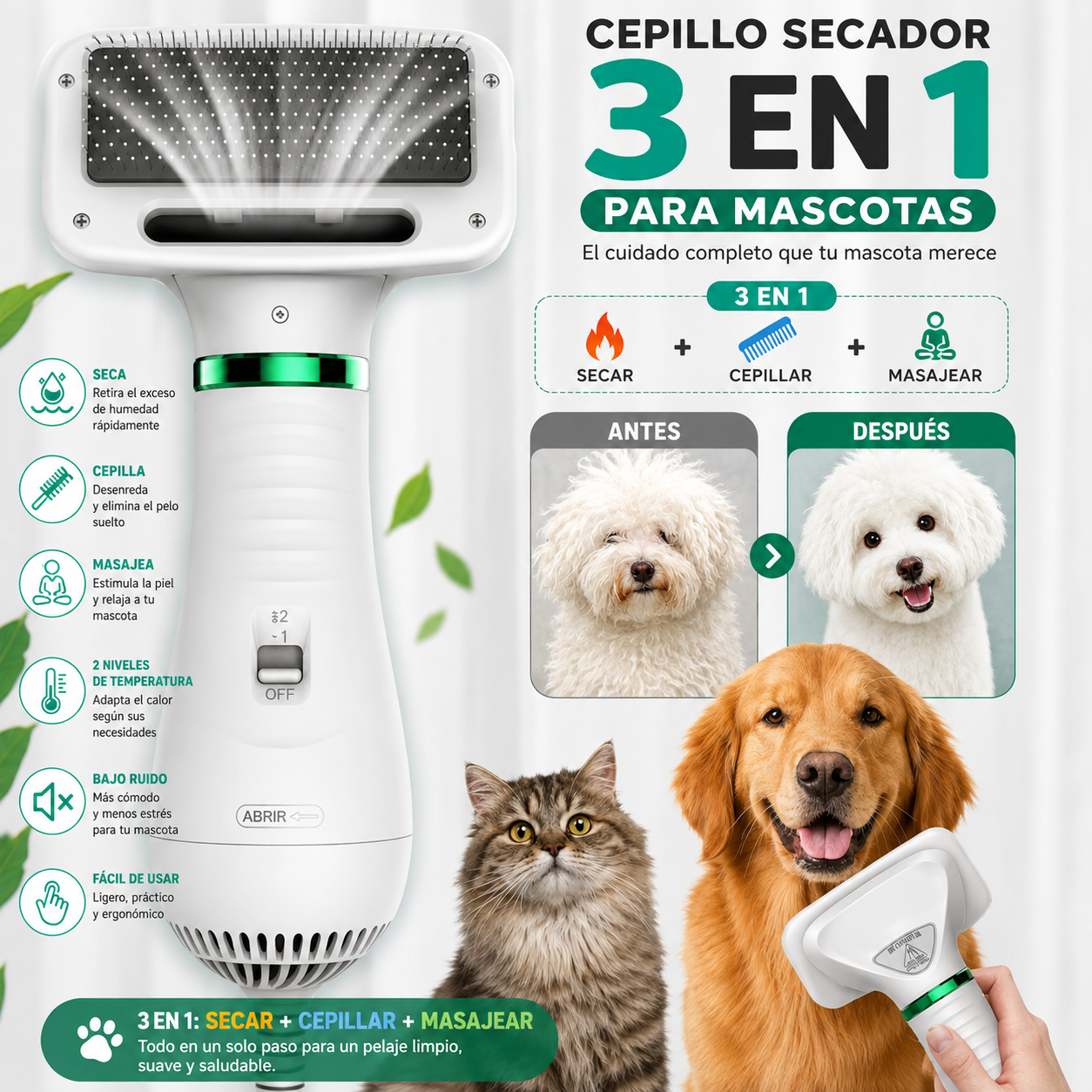 🐾 Cepillo Secador 3 en 1 para Mascotas