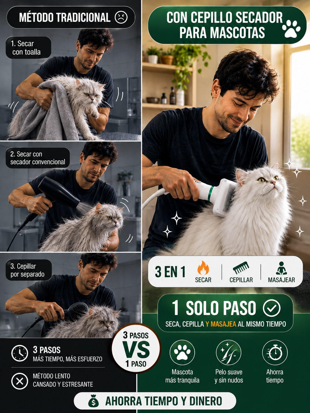 🐾 Cepillo Secador 3 en 1 para Mascotas