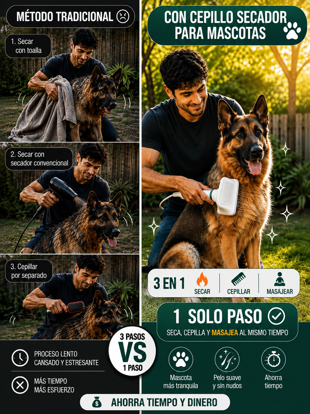 🐾 Cepillo Secador 3 en 1 para Mascotas