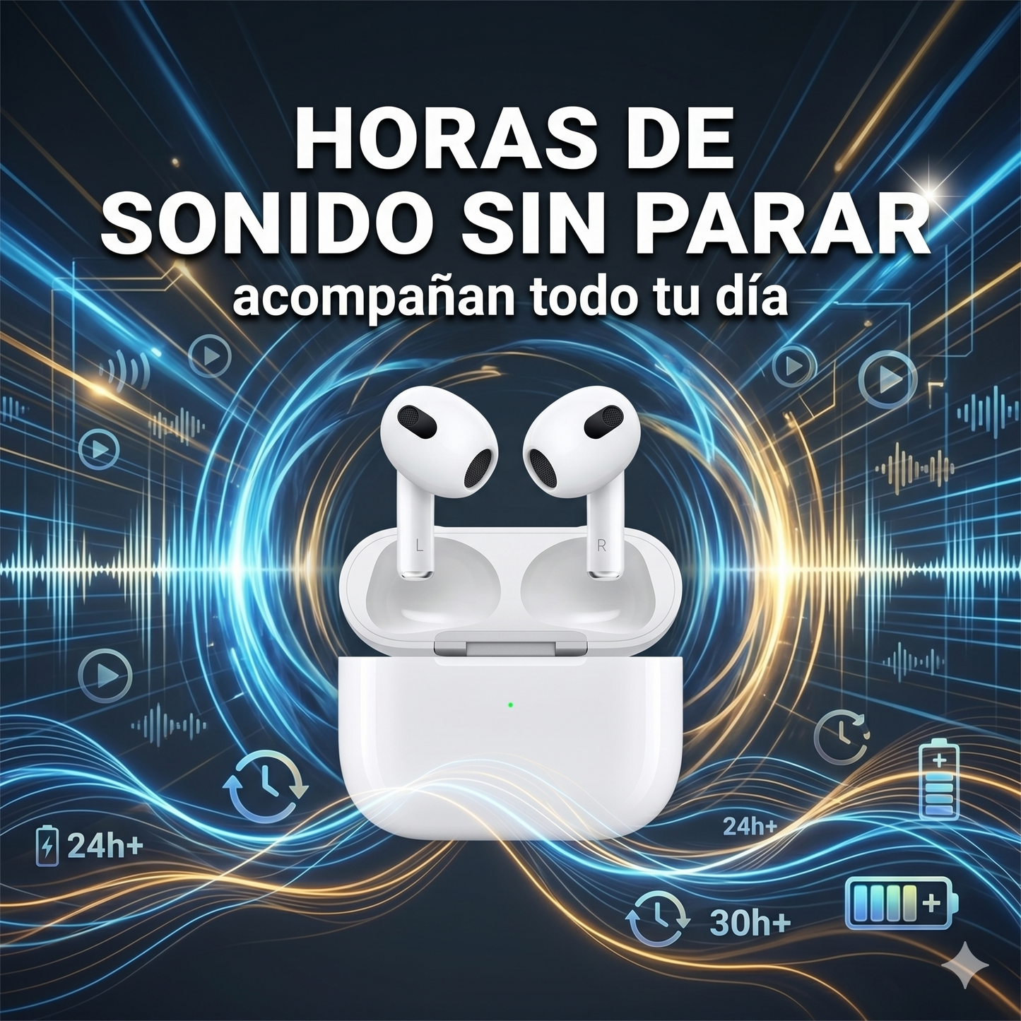 Airpods 3ra Generación – Bluetooth · 24h Batería · Carga Inalámbrica